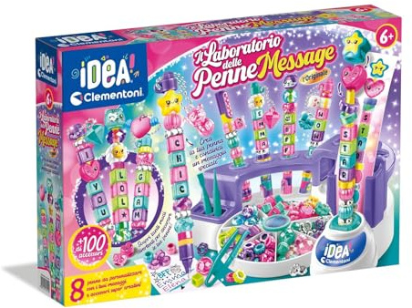 Clementoni Idea - Laboratorio delle Penne Message, Kit Creativo per Bambini 6+ Anni, con 100+ Accessori e 8 Penne Personalizzabili con Lettere e Charms, Lingua Italiana, 18219