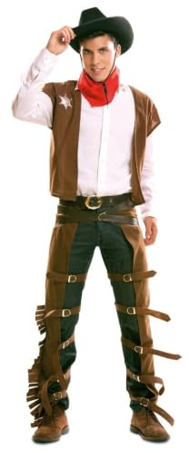 My Other Me - Costume da jeans classico da uomo, taglia S. Include carote marrone scuro con frange e cinghie con fibbie, gilet abbinato, fazzoletto rosso e cintura. Conquista il selvaggio West.