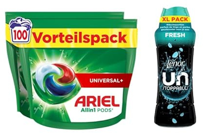 Ariel Waschmittel Pods All-in-1, 100 Waschladungen, Universal+, Kraftvolle Fleckentfernung ab der 1. Wäsche + Lenor Unstoppables Fresh Wäscheparfüm 495g, Frische Für Alle Textilien