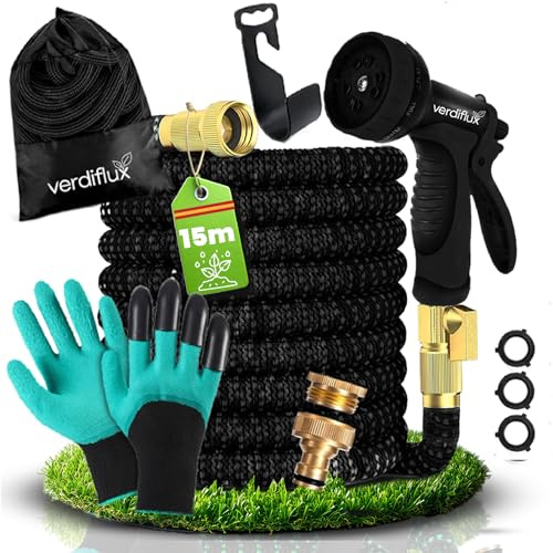 Verdiflux Manguera Jardin 15 metros Premium con 10 Funciones de Riego, Manguera Extensible sin Fugas, de Alta Resistencia y Muy Ligera con Conectores 3/4 y 1/2 y 2 Guantes Incluidos, Color Negro