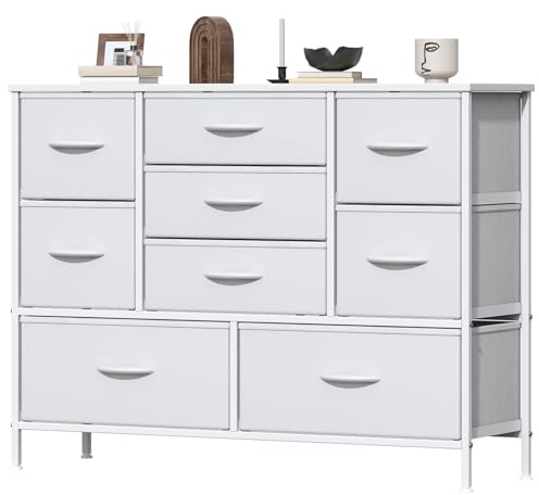 Feonase Chest of Drawers, Bedroom Dresser with 9 Fabric Drawers, Metal Frame & MDF Wood Top, Adjustable Feet, Storage Organizer Unit for Bedroom, Closet, Living Room, Hallway, White