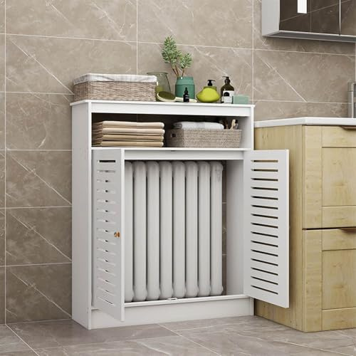 White Radiator Cover Bathroom Floor Cabinet with 2 Doors Large WiFi Router Storage Box Vertical Grill Slats Organizer Cabinet Heating Cover Storage Living Room Decorative Cabinet(L60xH90xT20cm)
