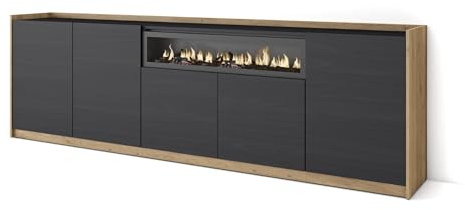 Skraut Home | Sideboard, Highboard | Kommode, Komodenschrank | 260x80x37 cm | 5 Türen | Elektrokamin. | Moderner Stil | Schwarz Eiche