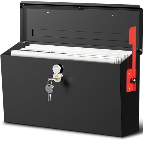 Wall Mount Mailbox for Outside with Flag, Locking Mailbox Wall Mounted, Galvanized Steel Rustproof Metal Mailbox, Large Capacity Mail Box, Modern Post Box for House Outside, Black, 15.9''x9.6''x5.2''