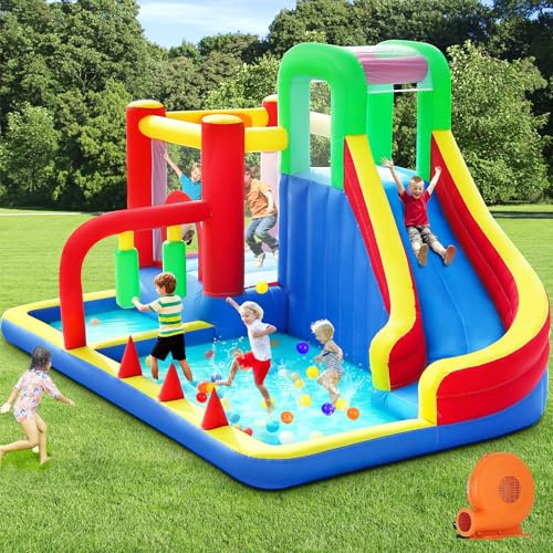 PZGEQ Bounce House, Inflatable Bouncing House for Kids, 8-in-1 Bouncy Castle with Blower, Kids Jumper Bouncy House with Slide for Indoor Outdoor Backyard