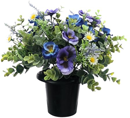 CFY Memorials Premium Artificial Grave Flowers – Blue Pansies with Lavender & Daisies (25cm) | Memorial Vase Pot