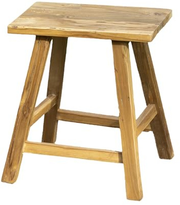 Darthome Rustic Recycled Teak Wood Side Table/Stool, Natural Brown Finish, Rectangular Top with Cross-Bar Support, 40 x 45 x 25 cm, Multi-Purpose Home Furniture