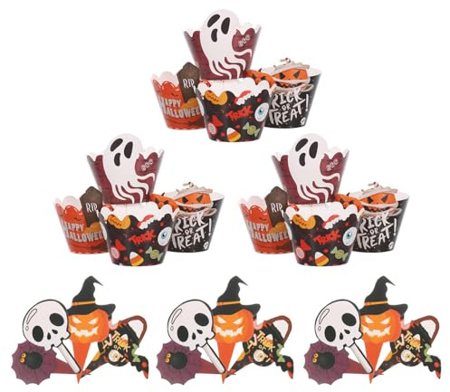 HOODANCOS 2 Ensembles Papier Muffin Liners Citrouille Fantôme Crâne Chauve-souris Araignée Accessoires de Gâteau Faciles et Créatifs pour Fête