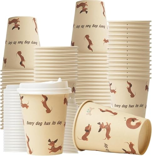 Cherypick Coffee Cups with Lids 12 oz/360 ml, 25 Pack Disposable Paper Cups | Leak-Resistant Takeaway Cups for Hot and Cold Drinks, Coffee, Tea, Office, Home and Parties(Dog)
