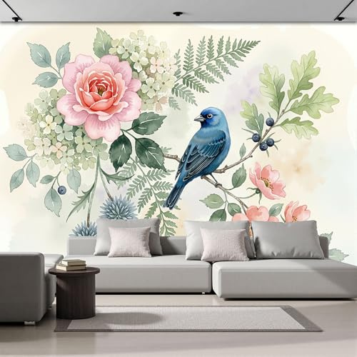 Fotomurali Adesivi per Mobili - Stickers Murales per Soggiorno 200L×140Acm - Decorazione da Muro - Carte da Parati Acquerelli Fiori E Uccelli - Stampa Con Uccellino Azzurro E Rosa - Verde Polvere