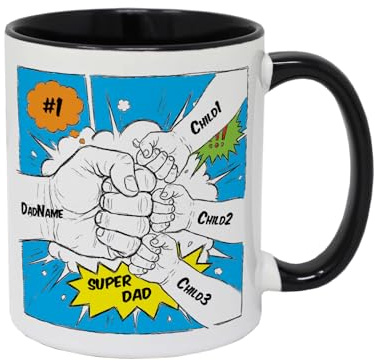 Personalised Daddy 3 Children Mug - Dad Mug from Children - Thoughtful Fist-Bump Ceramic Coffee Mug for Father’s Day - 11oz White Mug - UK Handmade Gift