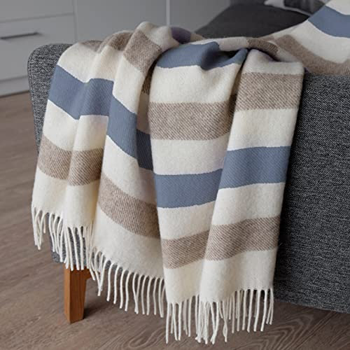 Linen & Cotton Flauschige Warme Decke Wolldecke Gestreift Wohndecke Kuscheldecke Malmo - 100% Reine Neuseeland Wolle, Blau Beige Natur Weiß (140 x 200 cm) Sofadecke Überwurf Plaid Schurwolle