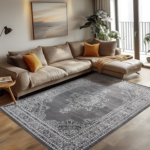 Kurzflor Orientalischer Teppich Wohnzimmer, Esszimmer, Schlafzimmer, Vintage Teppich Läufer Flur Weich & Soft Carpet Orient - Größe: 120 x 170 cm, Farbe: Grau