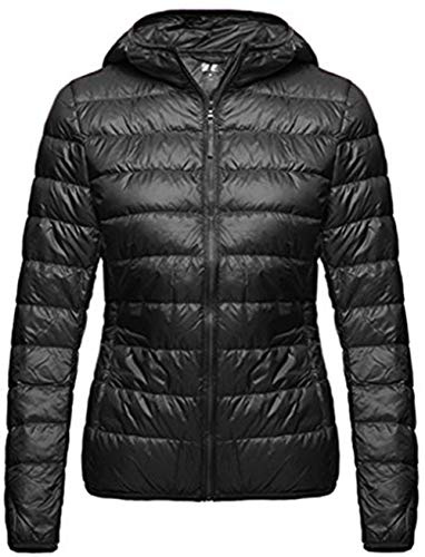 Wantdo Piumino Leggero Ripiegabile Giacca con Cappuccio Antivento Giubbotto Corto Slim Fit Capispalla da Montagna Caldo Invernale Donna Nero M