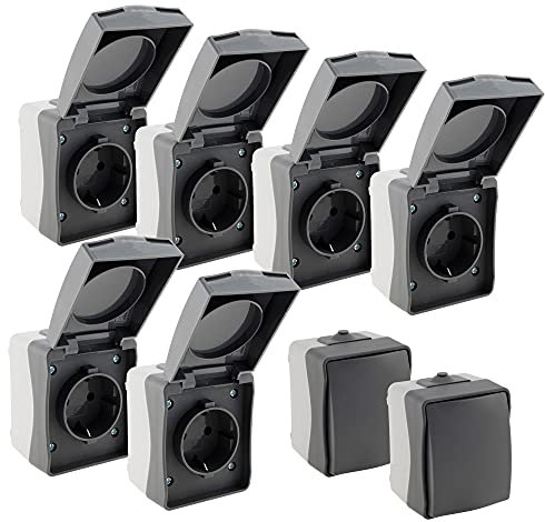 ChiliTec Feuchtraum Set 6x Steckdose 2x Schalter Aufputz Nuqui Einzeln Innen Außen IP54 mit Klappdeckel wetterbeständig 250V Grau Anthrazit