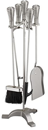 Relaxdays Kaminbesteck, 5-teiliges Set, Schürhaken, Ascheschaufel, Besen, Zange & Ständer, Kamingarnitur, Stahl, Silber