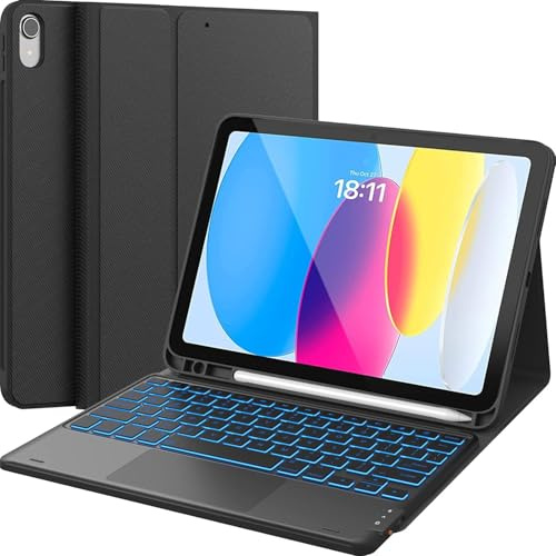 CHESONA for iPad 10th Generation Case with Keyboard, 7 Color Backlight, Multi-Touch Trackpad, Flip Stand Case with Pencil Holder, 2 Wireless Channels for iPad (A16) 11th/10th Gen (2025/2022), Black