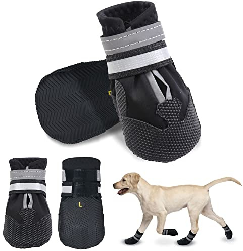 Dricar Bottes Chien, Ensemble de 4 Chaussures pour Chiens Antidérapant, Bottes de Protection pour Chien Imperméable pour Chiens de Taille Moyenne et Grande (L, Noir)