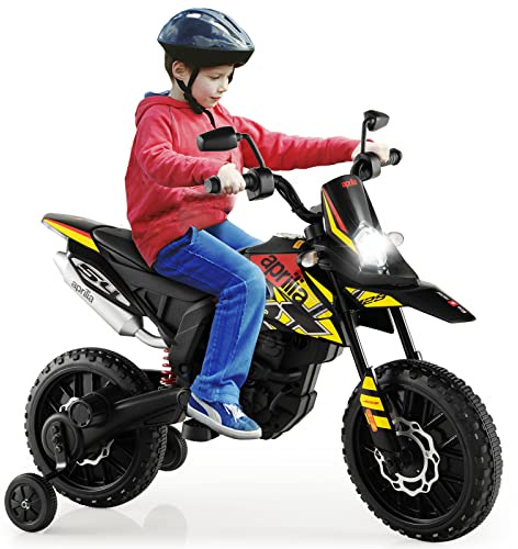 RELAX4LIFE 12V Aprilia Moto Eléctrica Niños con 2 Ruedas Auxiliares, Velocidad 5,5-6KM/H, Moto Infantil con Luces, Música, Faros, Marcha Adelante, USB y MP3 para Niños 3-8 Años, Carga 25kg (Amarillo)