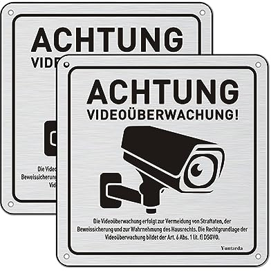 2 carteles de videovigilancia con aviso DSGVO, 15 x 15 cm, aluminio cepillado, con autoadhesivo y 4 agujeros, para cámara de vigilancia