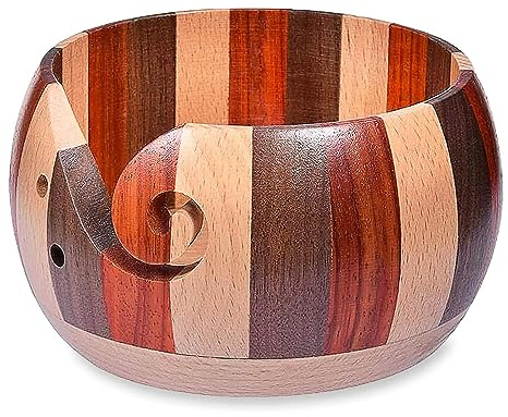 WishesMar Handgefertigte Holzgarnschale 15cm Durchmesser - Holz Garn Schüssel Holzschale Garn Aufbewahrung mit Spirale Geschnitzten Löchern und Bohrlöchern für Häkelstrick-Wohnkultur #B