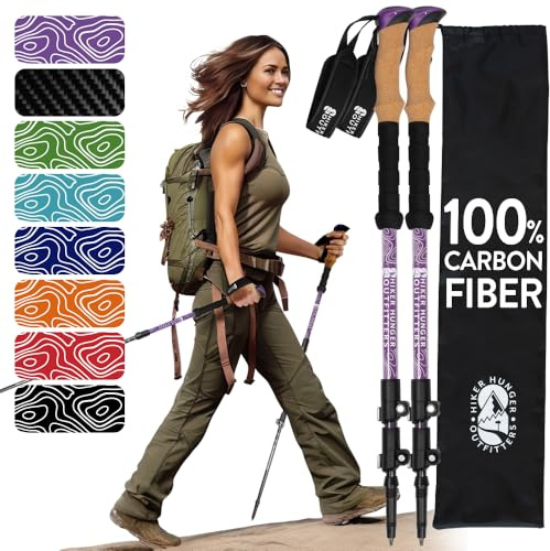100% Carbon Fiber Trekking Poles by USA Brand - Ultra Strong Lightweight Collapsible Hiking Poles with Cork and EVA Foam Grips & Quick Adjustable Flip Locks (Cork - Purple)