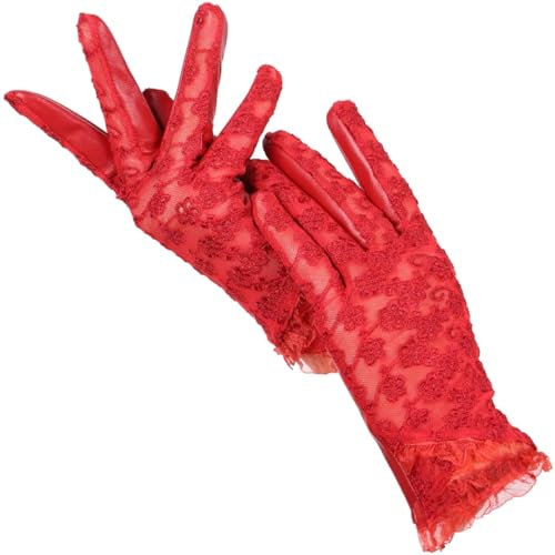 Modische Schaffell-Spitzenhandschuhe für Damen, Lederhandschuhe, Stickerei, Lederhandschuhe, Damen, rot, 6.5