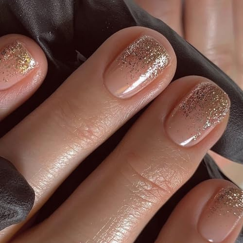 Ceboic Nägel zum Aufkleben Kurz Eckig, Französische Gold Glitzer Kunstnägel Press on Nails, Ballerina Falsche Nägel mit Nagelkleber Aufkleber, Acryl Künstliche Fingernägel zum Aufkleben für Frauen
