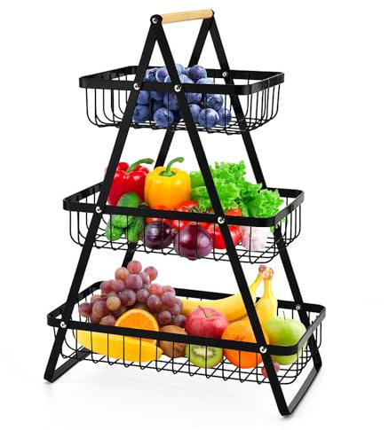 Mualady 3 Tier Fruit Basket for Kitchens, Fruit and Veg Storage, Tiered Fruit Bowl, Detachable Metal Fruit Rack, Large Fruit Stand, Countertop Bread Vegetable Rack (Black)