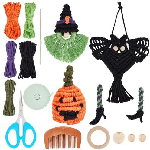 INFUNLY 4 Set Halloween DIY Macrame Kit Pumpkin Macrame Ornament Gnome Macrame Hanging DIY Kit for Beginners Black Bat Macrame Wall Hanging with Instruction Halloween Party Home Decor Bag Charm
