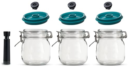 Airtender Vacuum Lids with Preserving Jars and Vacuum Pump – 3x 1.0 Liters – Keep Food Fresh and More for up to 5x Longer