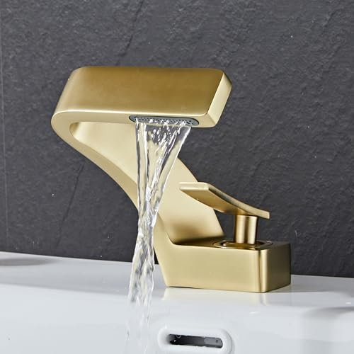 MocArt 2239 Wasserfall Wasserhahn, Badezimmer-Mischhähne, Hotelbecken-Kupferhahn, Keramikventilkern, Einlochmontage, Wassersparendes Design (Gebürstetes Gold)