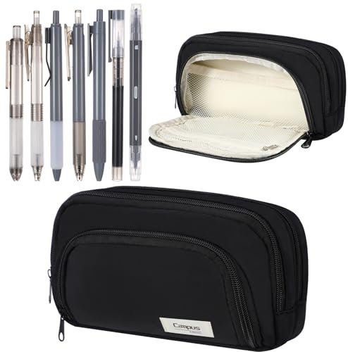 Yamitora Federmäppchen Groß Aesthetic Mäppchen mit 7er-Pack Gelschreiber, Multifunktionales Federmäppchen Federtasche Mäppchen Aesthetic Schreibwaren Organizer (Schwarz)