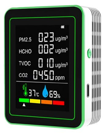 Kocusu Air Quality Monitor Indoor, 6 in 1 CO2 Monitor with LCD Display,CO2 Detector Sensor,Carbon Dioxide Detector with HCHO,TVOC,PM2.5,Temperature,Humidity for Home,Office,Car(White)