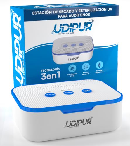 Udipur Hörgeräte-Trocknungsstation UV-Sterilisation Reinigungs- und Ladetechnologie 3in1 USB Typ C Maximale Temperatur 50°C - 110x90x40mm