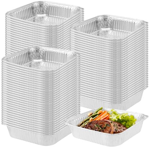 UNGFEI 100 PCS 8inch Square Aluminium Foil Baking Trays, 1200ml Large Tin Foil Tray Containers for Baking Cooking Food Storage Freezing, 20.5x20.5x4.5cm