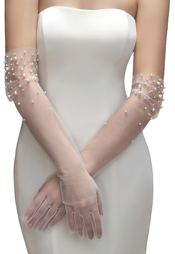 YAEISM Long Pearl Wedding Gloves White Bridal Gloves Sheer Silk Tulle Long Bridal Sleeves for Women Wedding Party Dresses