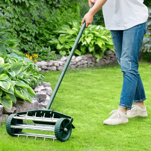 Taylor & Brown Garden Rolling Lawn Aerator, 45cm Manual Grass Spikes Roller with 122cm Detachable Handle, Heavy Duty Steel Rotary Push Pull Tine Garden Lawn Tool