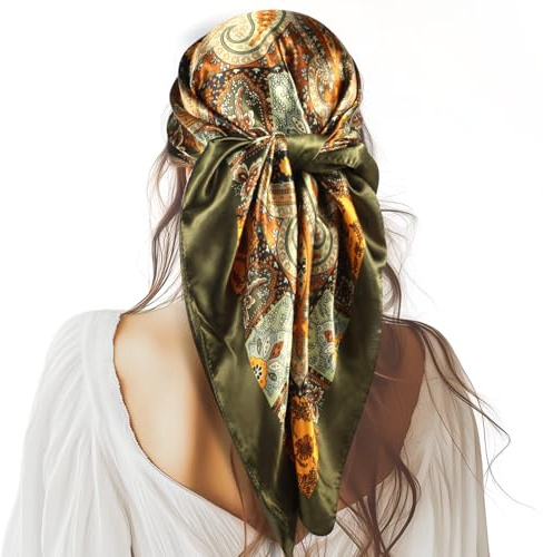 VBAEI 35” Large Square Satin Head Scarf - 1Pcs Satin Hair Scarf Silk Bandana Head Wraps For Women (Deep Green)