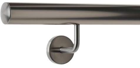 TIBU Handlauf Aluminium Edelstahl Optik 30-600cm Wandhandlauf Treppe gewinkelte Edelstahlhalter, Länge 140 cm mit 2 Halter und leicht gewölbte Kappe