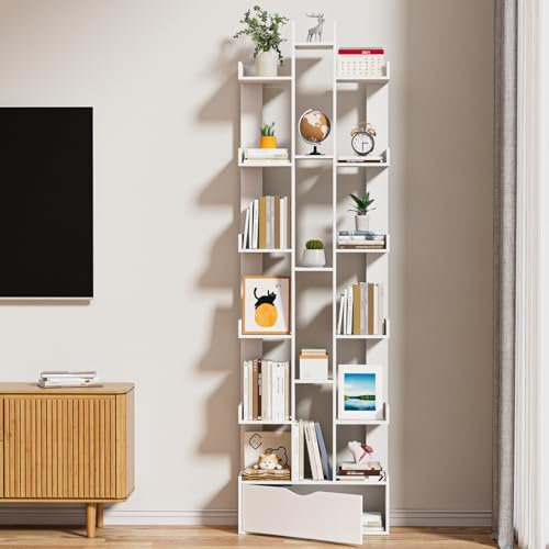 reukmuuc Libreria moderna a 17 ripiani, a forma di albero, con cassetto, telaio in legno artificiale con ripiani ispessiti, salvaspazio, per casa o ufficio, espositore per libri e oggetti da