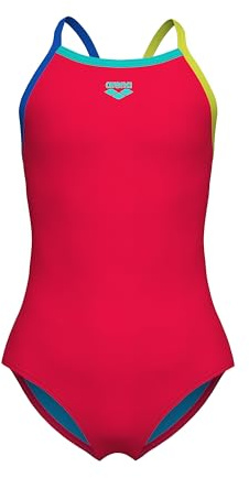 ARENA Feel Girls' Junior Light Drop Back Solid Swimsuit Waterfeel Comfortable One Piece Suit Pool or Beach, US Size 10-12 Jr/28, Fluo Red/Blue China/Soft Green