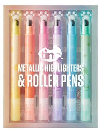 Tinc - Rollerball-Stifte und Katzenpfoten-Marker Metallisch - Set mit 6 Schimmernden Farben und Verschiedenen Mustern - Kreatives Papeterie-Accessoire für Zeichnen und Schule - Mehrfarbig - Set von 6