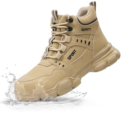 Steel Toe Boots for Men Lightweight Men Work Boots High Top Safety Boot with Kevlar Puncture-Resistant Midsole Work Shoes for Construction & Warehouse Work Splash-Resistant Khaki