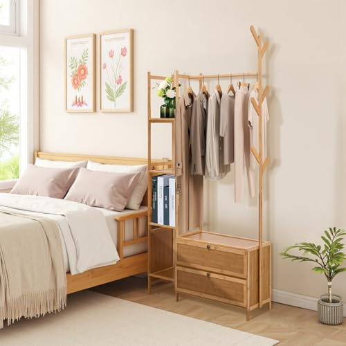 Warmiehomy Clothes Rail, 161cm Height Clothes Rack with Storage and Hooks | Hanging Rail with 4 Storage Shelves Clothing Garment Rail for Bedroom, Entryway, Hallway,100x30x161cm,Natural