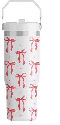 FOLAI Thermobecher Personalisiert,30Oz Auslaufsicher Edelstahl Trinkflasche Sport,Thermosflasche mit Strohhalm und Henkel,Gym Flasche,SpüLmaschinenfest Thermo Kaffeebecher（Rote Schleife）