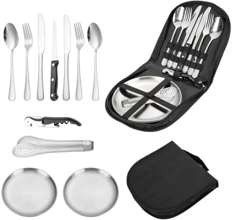 Camping Besteckset 2 Personen, 11 Stück Edelstahl Geschirr Set mit Gabeln, Messer, Löffel, Teller, Clip, Flaschenöffner und Bestecktasche, Camping Besteck Set für Outdoor Picknick Reisen