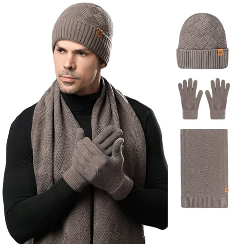 MAZELIKEHOOD Scarpa Cappello e Guanti Uomo 3 Pezzi Set Invernale Caldo Set Morbida con Guanti Touchscreen Cappello e Sciarpa Ideale Regalo per Uomo Natale o Compleanno