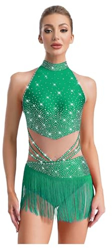 TiaoBug Vestido De Baile Latino De Salsa con Borlas para Mujer Body De Lentejuelas Brillantes con Flecos Disfraz De Bailarina Verde B L