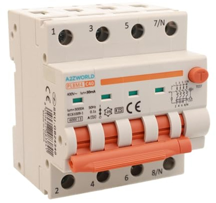Interrupteur différentiel magnétothermique triphasé 380 V type A 40 A C40, 4P réel (NO 3P+N), courbe C 6 kA 30 mA, double levier avec diagnostic visuel, 4 modules DIN, série PL8M4